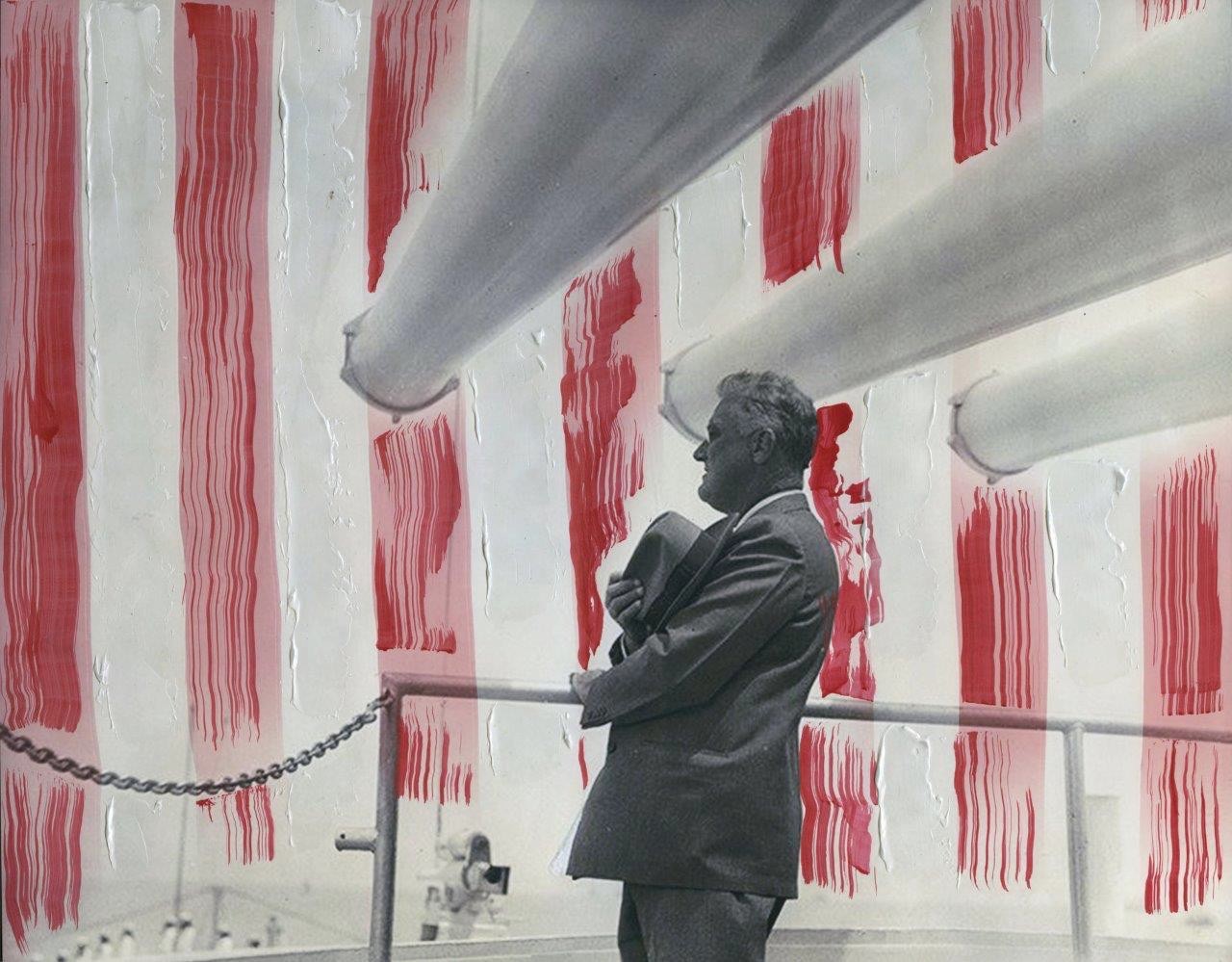 Historic American Pop painting featuring Franklin D. Roosevelt against red and white stripes