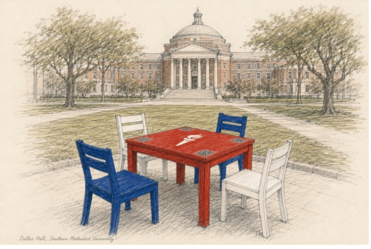 Drawing of a red and blue kitchen table in a familiar public place